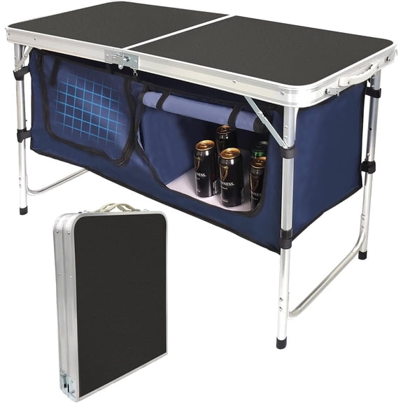 Folding Camping Table with Storage Compartment Aluminum Lightweight Camp Kitchen Table Height Adjustable Indoor/Outdoor Table Perfect for Tailgating, Backyards, BBQ,Picnic, Black