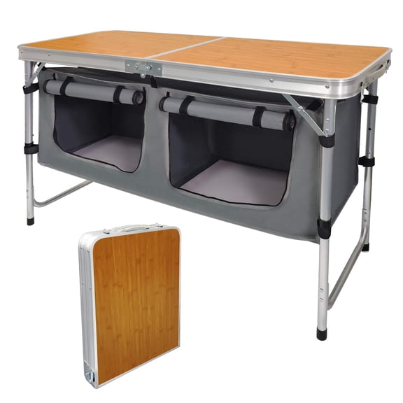 Folding Camping Table with Storage Compartment Aluminum Lightweight Camp Kitchen Table Height Adjustable Indoor/Outdoor Table Perfect for Tailgating, Backyards, BBQ,Picnic, Black