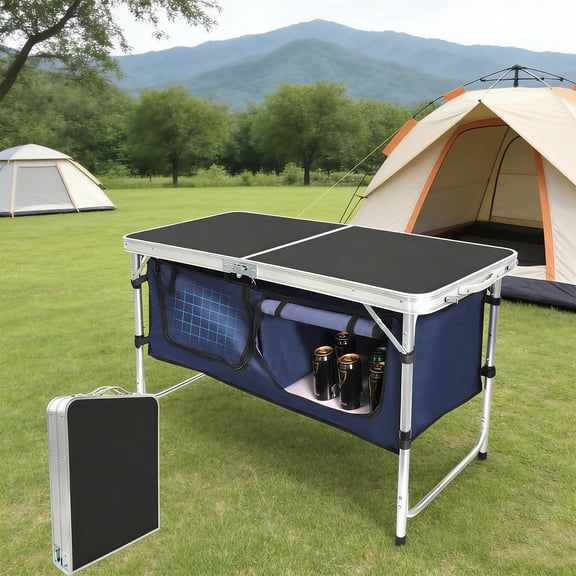 Folding Camping Table with Storage Compartment Aluminum Lightweight Camp Kitchen Table Height Adjustable Indoor/Outdoor Table for Tailgating, Backyards, BBQ, Picnic, Black