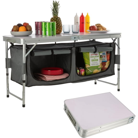 Folding Camping Table with Storage - Lightweight and Portable Aluminum Camp Table with Adjustable Height for Outdoor Travel, Beach, BBQ, Party, Picnic, and Glamping by Outdoors
