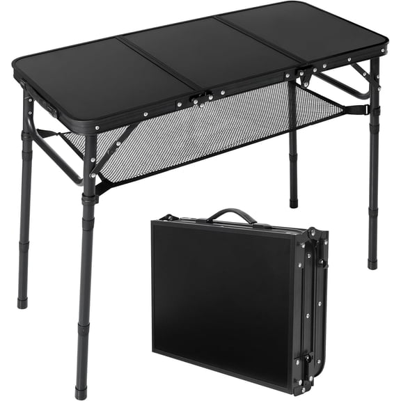 Folding Camping Table with Storage Net,3ft Portable Aluminum Folding Table with 3 Adjustable Height Max 27.3 Inch for Outdoor Backyard BBQ Picnic Cooking Tents Beach Indoor BedroomBlack