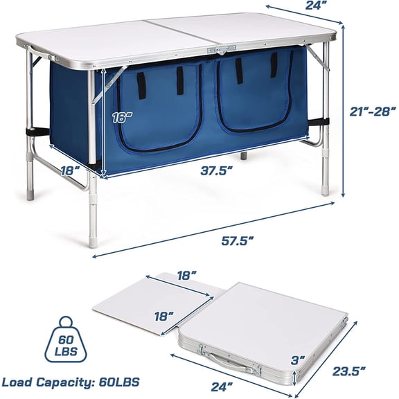 Folding Camping Table with Storage, Portable Aluminum Foldable Tables, Collapsible Beach Table Height Adjustable for Indoor/Outdoor Camp Picnic BBQ Travel Fishing