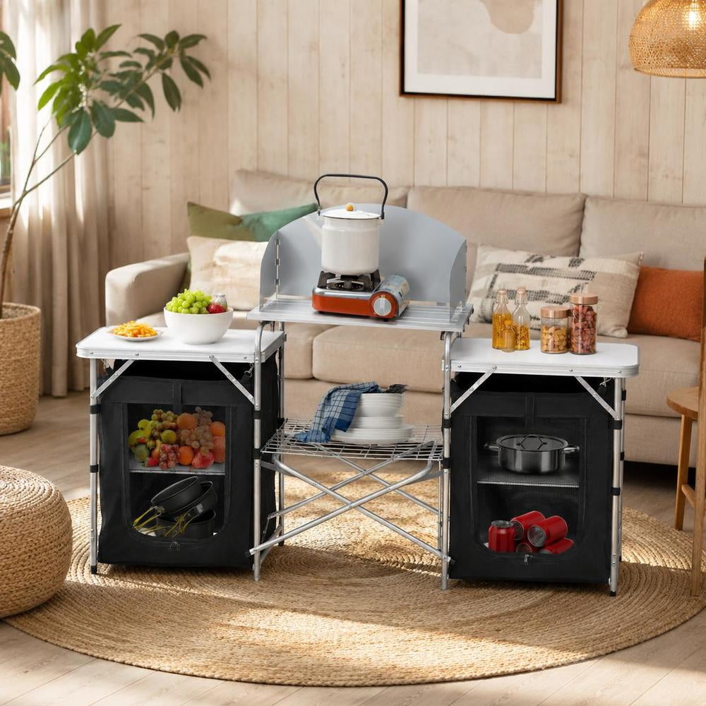 Folding Camping Table, with 2 side tables and storage organizer, black ...
