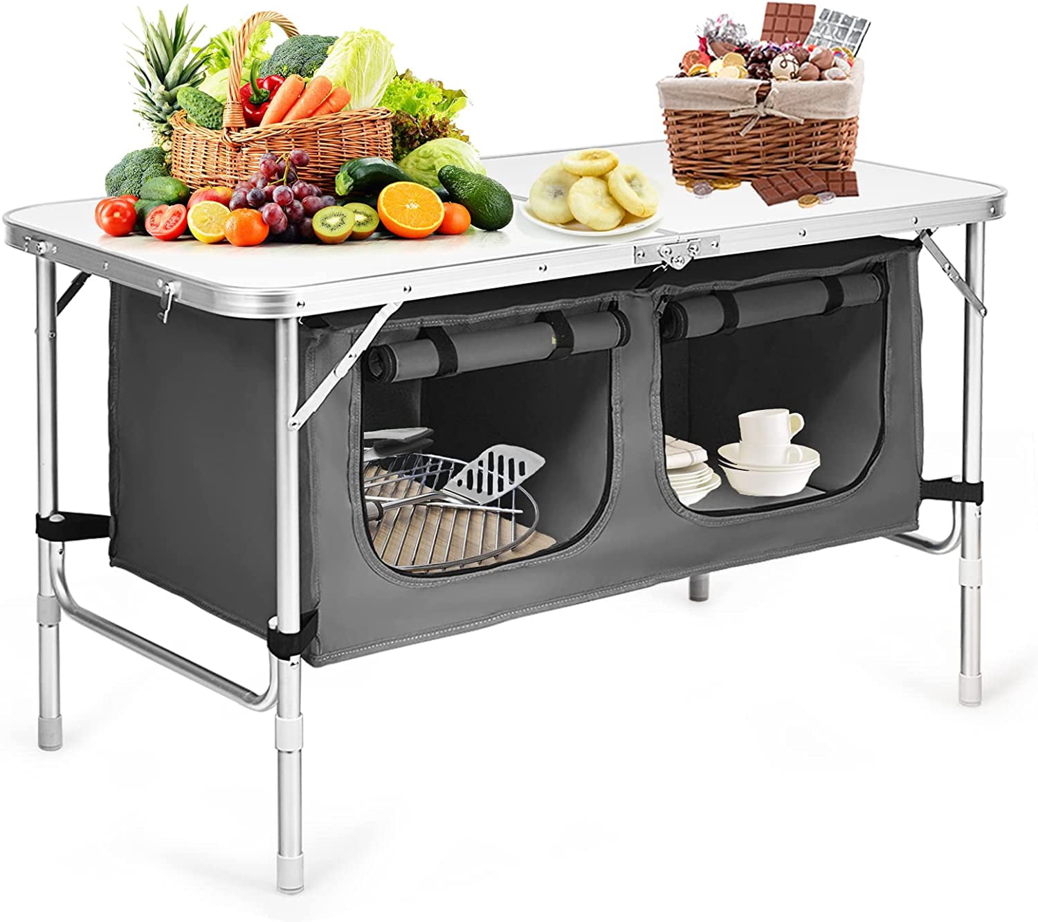 Folding Camping Table with Storage- Portable Aluminum Picnic Tables ...