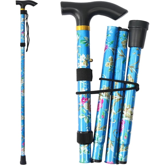 Folding Cane, 5-Level Adjustable Height Lightweight Portable Foldable Walking Canes with Wrist Strap and T Handle for Men Women Seniors