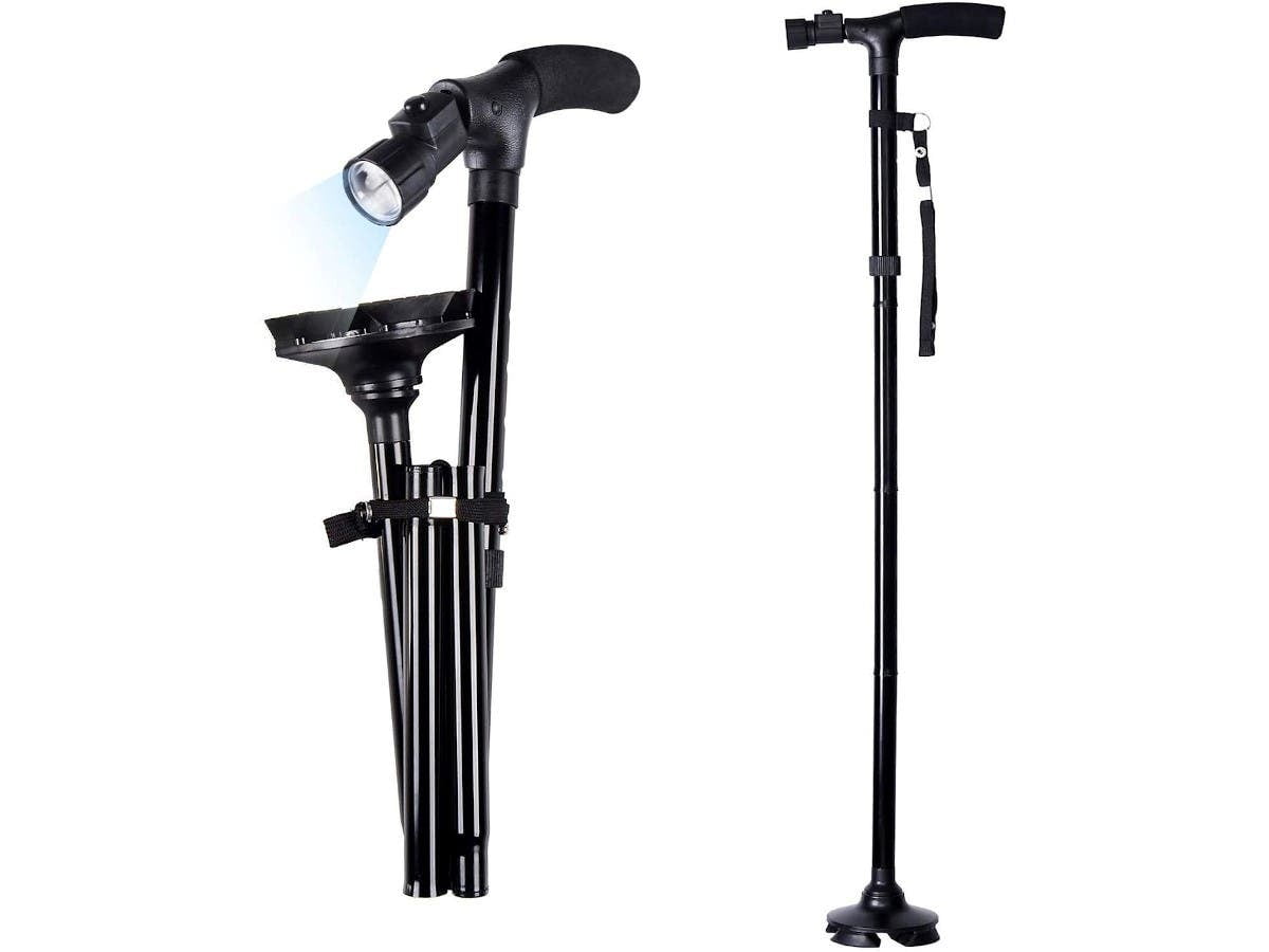 Adjustable Folding Cane with Built-in LED Light and Cushioned T Handle |  Portable and Safe Walking Stick for Elderly with Pivoting Quad Base