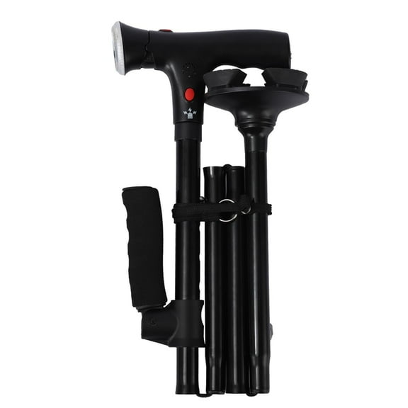 Folding Cane with LED Light & Alarm, Adjustable Walking Stick for Seniors, Ergonomic T-Handle Offset Cane, Rotating Quad Base for Stability, Lightweight Portable Mobility Aid