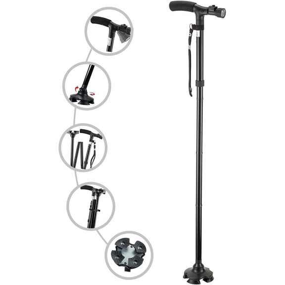 Folding Cane with Led Light, Adjustable Canes for Men and Women, Walking Stick for Elderly with Cushion Handle and Pivoting Quad Base for Hiking Mountain Climbing Backpacker