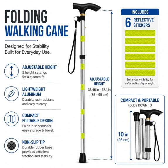 Folding Walking Cane with 6 Reflective Stickers, Adjustable Collapsible Aluminum Walking Stick for Men Women Seniors, Lightweight Travel Cane with T Handle, Wrist Strap, Non Slip Tip, Silver