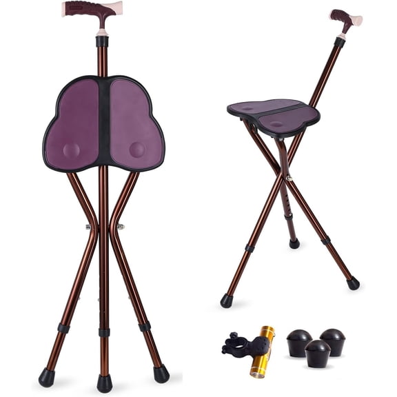 Folding Cane Seat 441 lbs Capacity Thick Aluminum Alloy Cane Stool Crutch Chair Seat Three-Legged Cane Seats Highly Adjustable Walking Stick Tall Unisex for Elderly As Gift