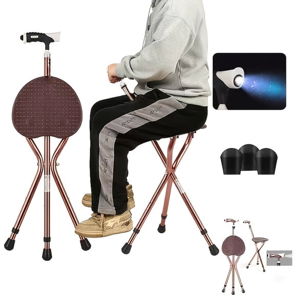 Folding Cane with Seat, Supports 400 Pounds, LED Light and Retractable Tripod Cane Chair, Heavy-duty Material, Portable Anti-slip Seat Cane, Lightweight Cane for