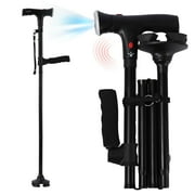 Folding Cane With Led Light And Alarm Adjustable Walking Stick With Side Handle Swivel Quad Base For Elderly Disabled Mobility Aid