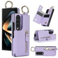 thumbnail image 1 of Folding Card Bag Finger Ring Design PU Leather Stand Case for Samsung Galaxy Z Fold 3 Zipper Wallet Cover Drop Protective Shockproof Magnetic Closure for Samsung Galaxy Z Fold 3, Purple, 1 of 9