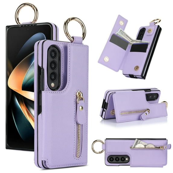 Folding Card Bag Finger Ring Design PU Leather Stand Case for Samsung Galaxy Z Fold 3 Zipper Wallet Cover Drop Protective Shockproof Magnetic Closure for Samsung Galaxy Z Fold 3, Purple