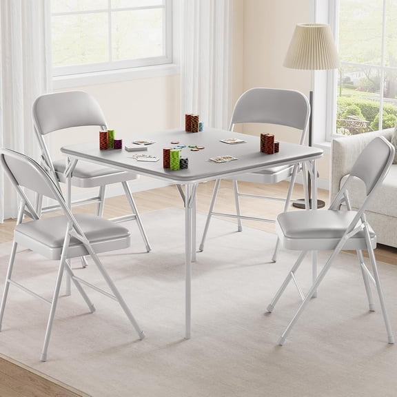 Folding Card Table, Portable Square Card Table, Foldable Tables with Upholstered PU Leather Tabletop for Home, Indoor Outdoor Use, Space-Saving, No Assembly Required (Grey)