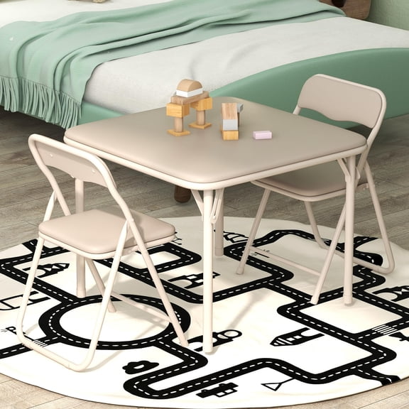 Folding Card Table Set 3 Piece PU Cushion Beige