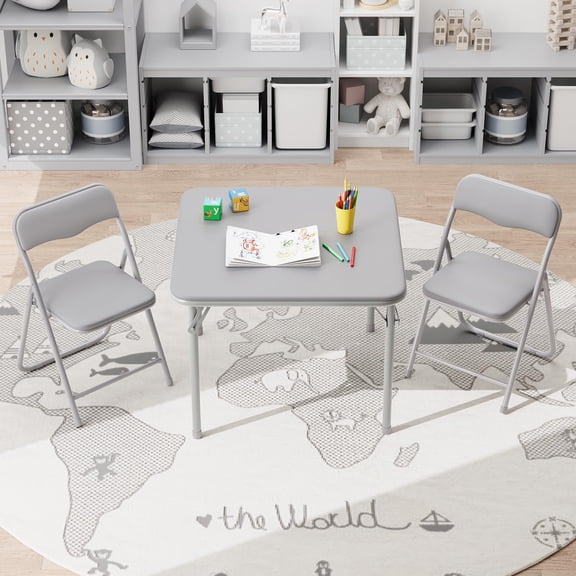 Folding Card Table Set, Portable PU Cushion Table & Chairs, Foldable, Space-Saving, Gray, 3 Piece