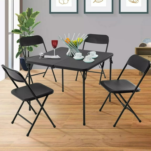 Folding Card Table and Chair Set of 5 Portable with Padded Tabletop, No Assembly Required, Black