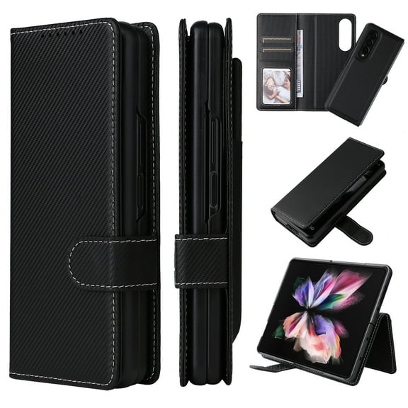 Folding Case for Samsung Galaxy Z Fold 4, PU Leather Flip Cover with S Pen Holder & Kickstand, 2 in 1 Wallet Case with Card Slots Holder Magnetic Clasp Shockproof Protection Phone Case, Black