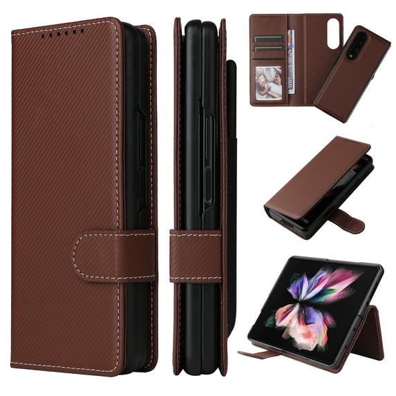 Folding Case for Samsung Galaxy Z Fold 4, PU Leather Flip Cover with S Pen Holder & Kickstand, 2 in 1 Wallet Case with Card Slots Holder Magnetic Clasp Shockproof Protection Phone Case, Brown