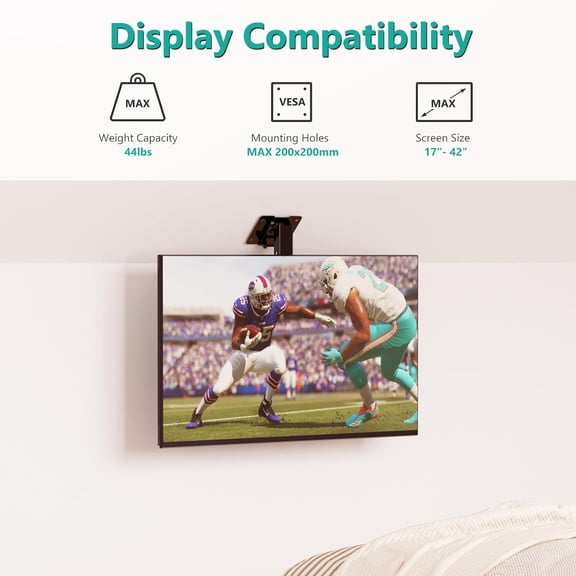 Folding Ceiling TV Mount, Swivel and Flip Down TV Bracket for 17 to 42 inch Flat Screens up to 44 Lbs, Under Cabinet Mounting Saving Space Max Mounting Holes 200x200mm(FCM202), Black