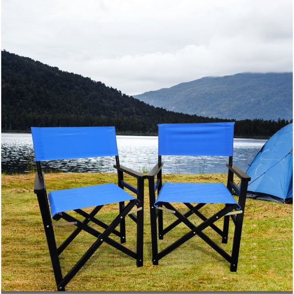 Folding Chair 2pcs - Wooden Director With Blue Canvas Seat Cover. And Construction. Strong Bearing Capacity. Easy To Clean Breathable. Foldable For Transport Storage. Fits All Ages. 23.63 In. Depth,