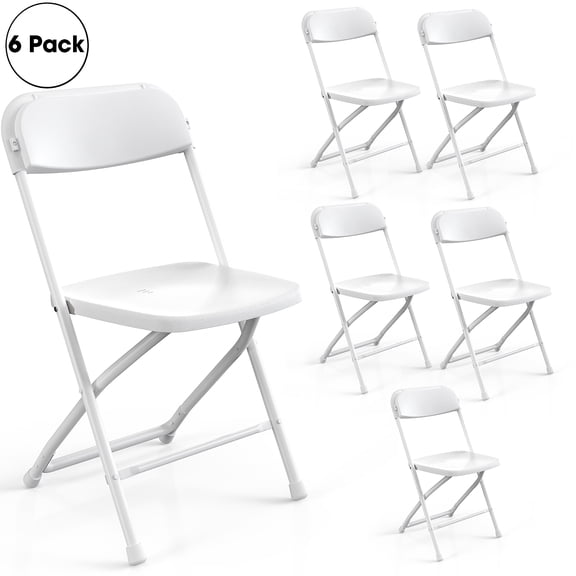 6-Pack White Folding Chairs, Plastic Foldable Chairs with Metal Frame, 440 lb Capacity, Indoor and Outdoor Use, 19" W x 17.3" D x 31" H
