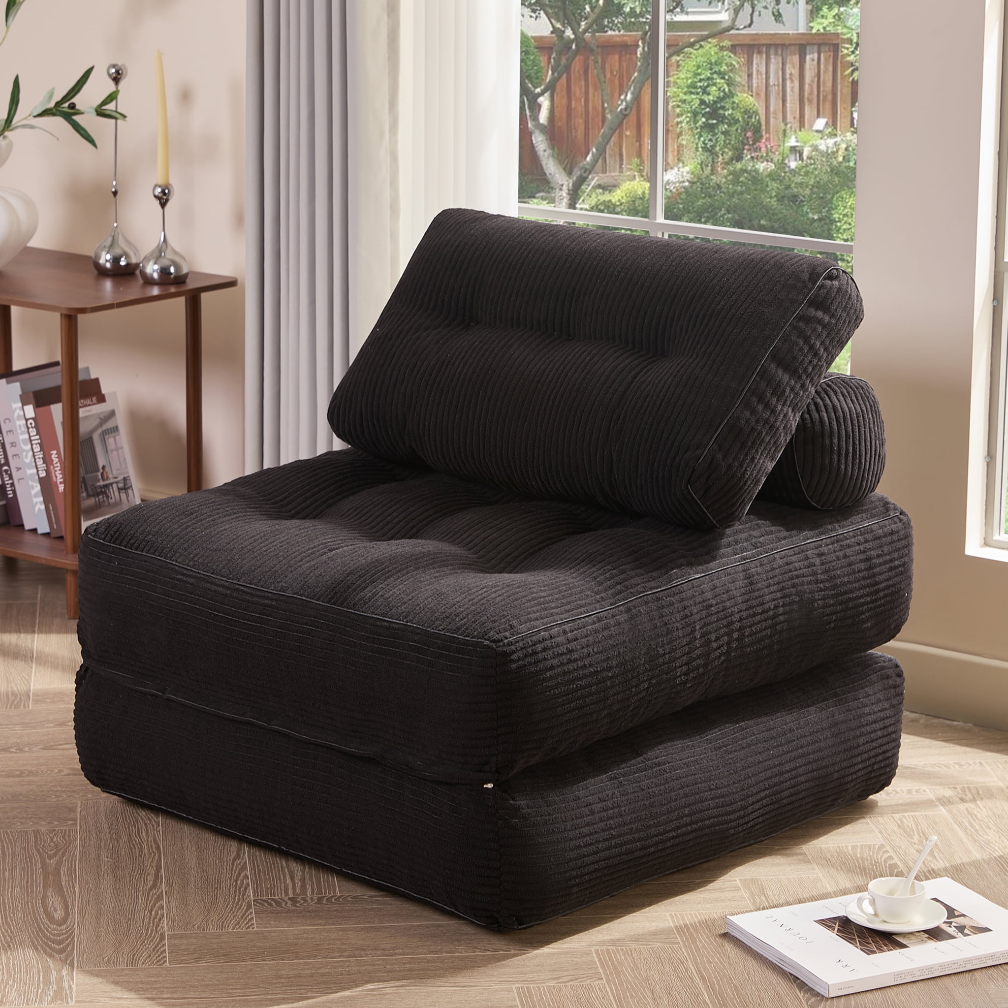 Afuson Folding Chair Bed - Convertible Futon Sofa Bed For Small Spaces, Camel With Armrest, 37.4 Inch Wide