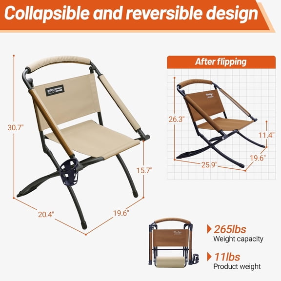 Folding Chair Double-Side Seat, Camping Chair Usable On Both Sides, One Chair Two Heights, Carbon Steel Portable Foldable with Cup Holder for Camp Beach Picnic Sports Brown Beige