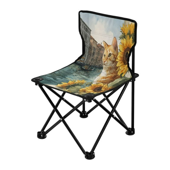 Folding ChairMaximum weight capacity 220lbCamping Chair For Camping Picnicking Outdoor Beach and Travel Orange Cat and Sunflower