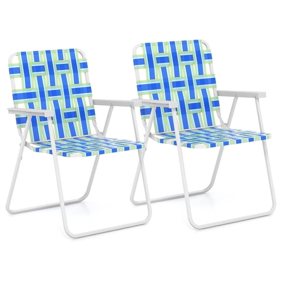 Folding Chair, Patio Lawn Chair Set with Armrest, Indoor/Outdoor 2 Pack Webbed Lightweight Dinning Chair, Portable Beach Chair for Outside, Poolside, Backyard (Blue & Green, 2)