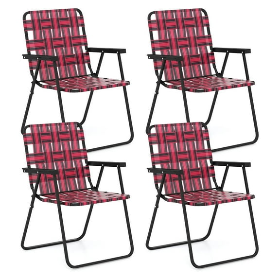 Folding Chair, Patio Lawn Chair Set with Armrest, Indoor/Outdoor 4 Pack Webbed Lightweight Dinning Chair, Portable Beach Chair for Outside, Poolside, Backyard (Red, 4)