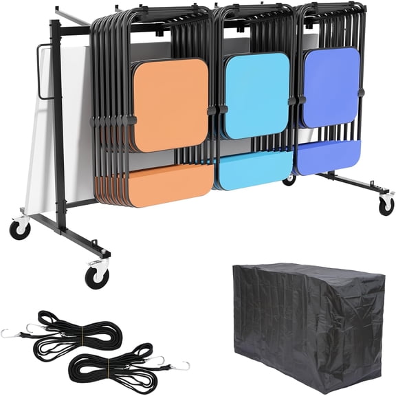 Folding Chair Rack, Folding Chair Cart for 42 Chairs, Heavy Duty Utility Cart for Chair Storage and Moving, 265 Lbs Capacity, PVC Locking Wheels, Waterproof Cover, Black