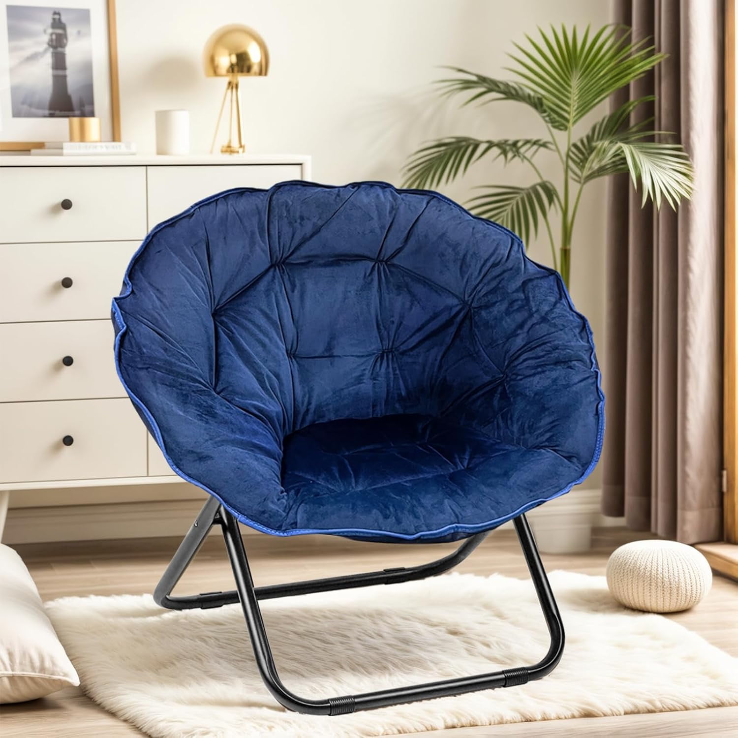 Folding Chair, Saucer Chair with Metal Frame, Moon Chairs for Bedroom ...