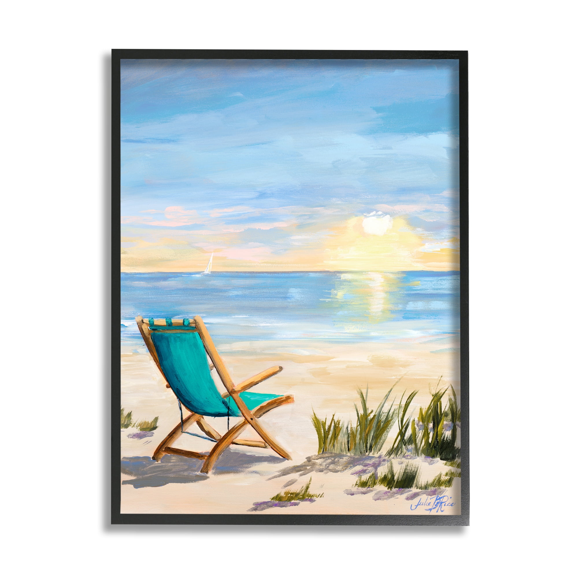 Folding Chair Sunset Beach Landscape Summer Ombre Sky 16 in x 20 in Framed Painting Art Prints, by Stupell Home Dcor, image size:2000x2000