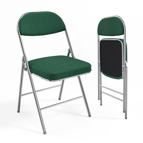 Folding Chairs with Padded Seat and Backrest, 2 Pack Olive Green Corduroy Fabric Chairs, 350 lbs Capacity Metal Frame Chairs for Weddings, Parties, Office Events, Indoor Outdoor Use