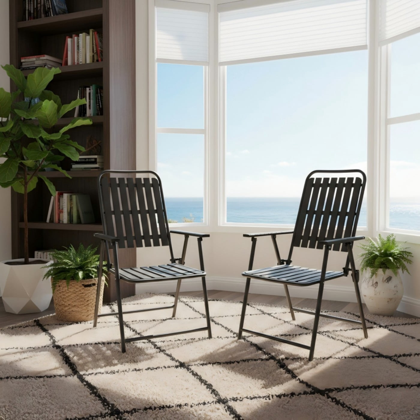 Folding Chairs Set of 2, 350 lb Capacity Outdoor Chairs with Powder-Coated Metal Frame & WPC Slatted Seat, No Assembly, Antique Black