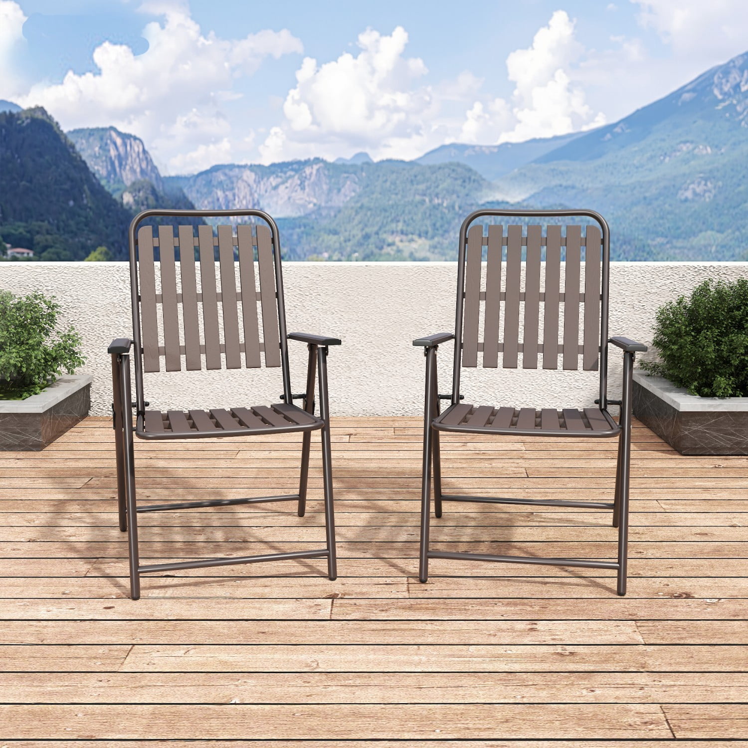 Folding Chairs Set of 2, 350 lb Capacity Outdoor Chairs with Powder-Coated Metal Frame & WPC Slatted Seat, No Assembly, Antique brown