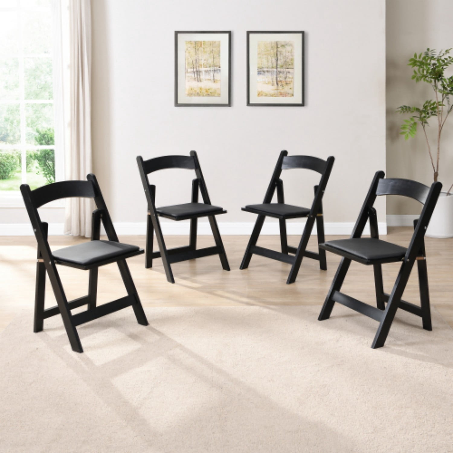 Folding Chairs Set of 4, Upholstered Folding Dining Chairs with Solid Wood Frame, PU Leather Cushion, Space-Saving Portable Chairs, Black