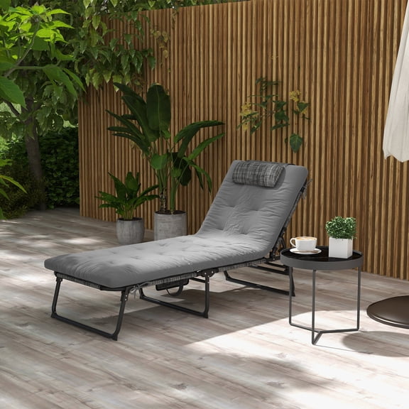 Folding Chaise Lounge with 4-Level Reclining Back, Outdoor Tanning Chair with Cushion, Breathable Mesh Fabric, Side Pocket, Headrest, Gray Steel Frame for Patio Poolside
