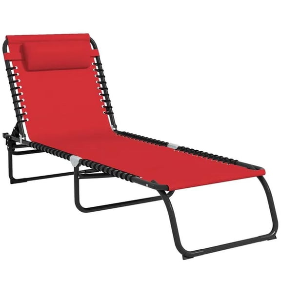 Folding Chaise Lounge Chair, 4-Position Backrest, Pillow, Breathable Mesh for Patio, Garden, Poolside, Wine Red