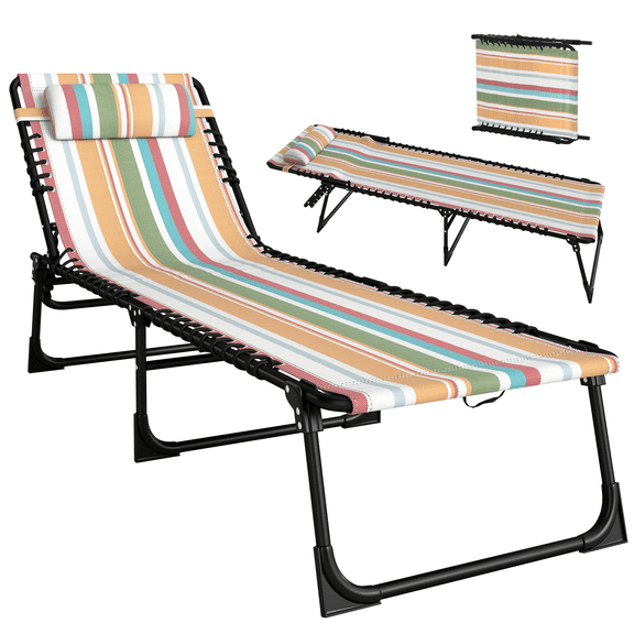 Folding Chaise Lounge Chair, 4-Position Reclining Pool Chair with Pillow, Rainbow Striped, Breathable Mesh, Portable Outdoor Lounger