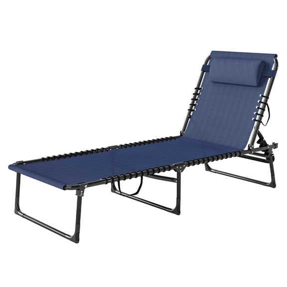 Folding Chaise Lounge Chair, 4-Position Reclining Pool Sunbed with Pillow, Breathable Mesh, Dark Blue