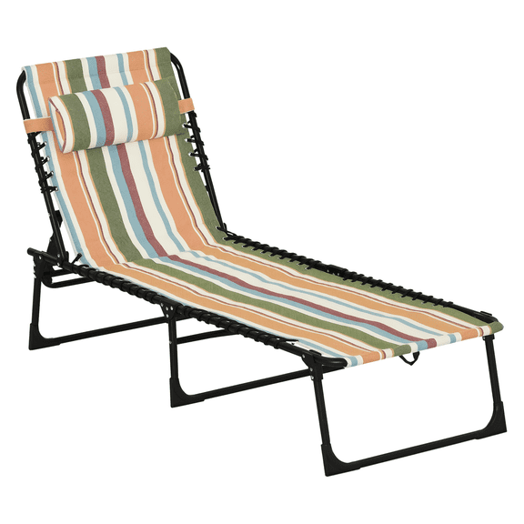 Folding Chaise Lounge Chair - 4 Position Reclining Pool Sunbed with Pillow, Rainbow Striped