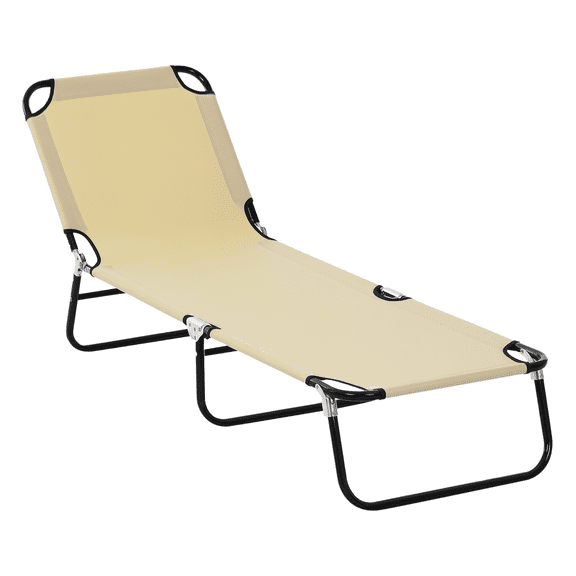 Folding Chaise Lounge Chair, Outdoor Sun Tanning Chair, 5-Position Reclining, Steel Frame, Beach, Patio, Beige