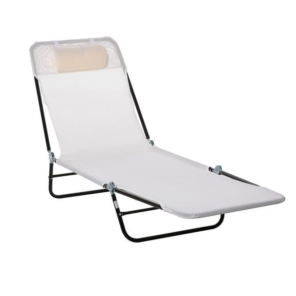 Folding Chaise Lounge Chair, Outdoor Sun Tanning Chair, Reclining Beach Chair with Headrest, Breathable Mesh, Patio Pool Yard - Cream White