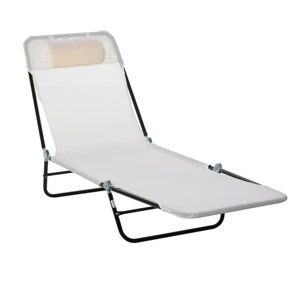 Folding Chaise Lounge Chair, Pool Sun Tanning Chair, Outdoor Lounge Chair with Reclining Back, Breathable Mesh Seat, Headrest for Beach, Yard, Patio, Cream White