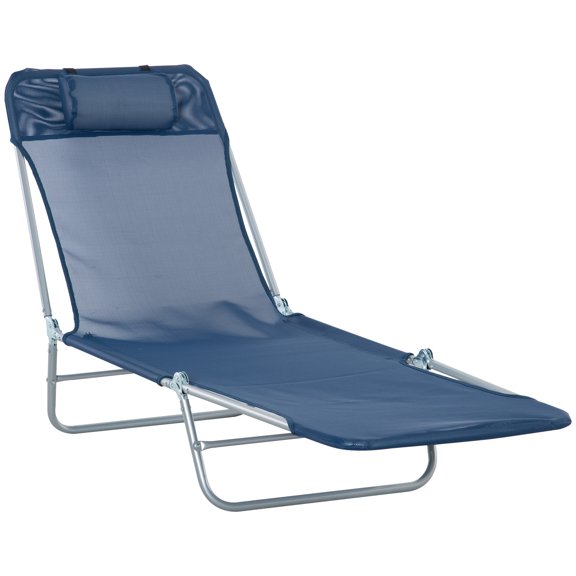 Folding Chaise Lounge Chair, Pool Sun Tanning Chair, Reclining Back, Breathable Mesh Seat, Headrest, Dark Blue