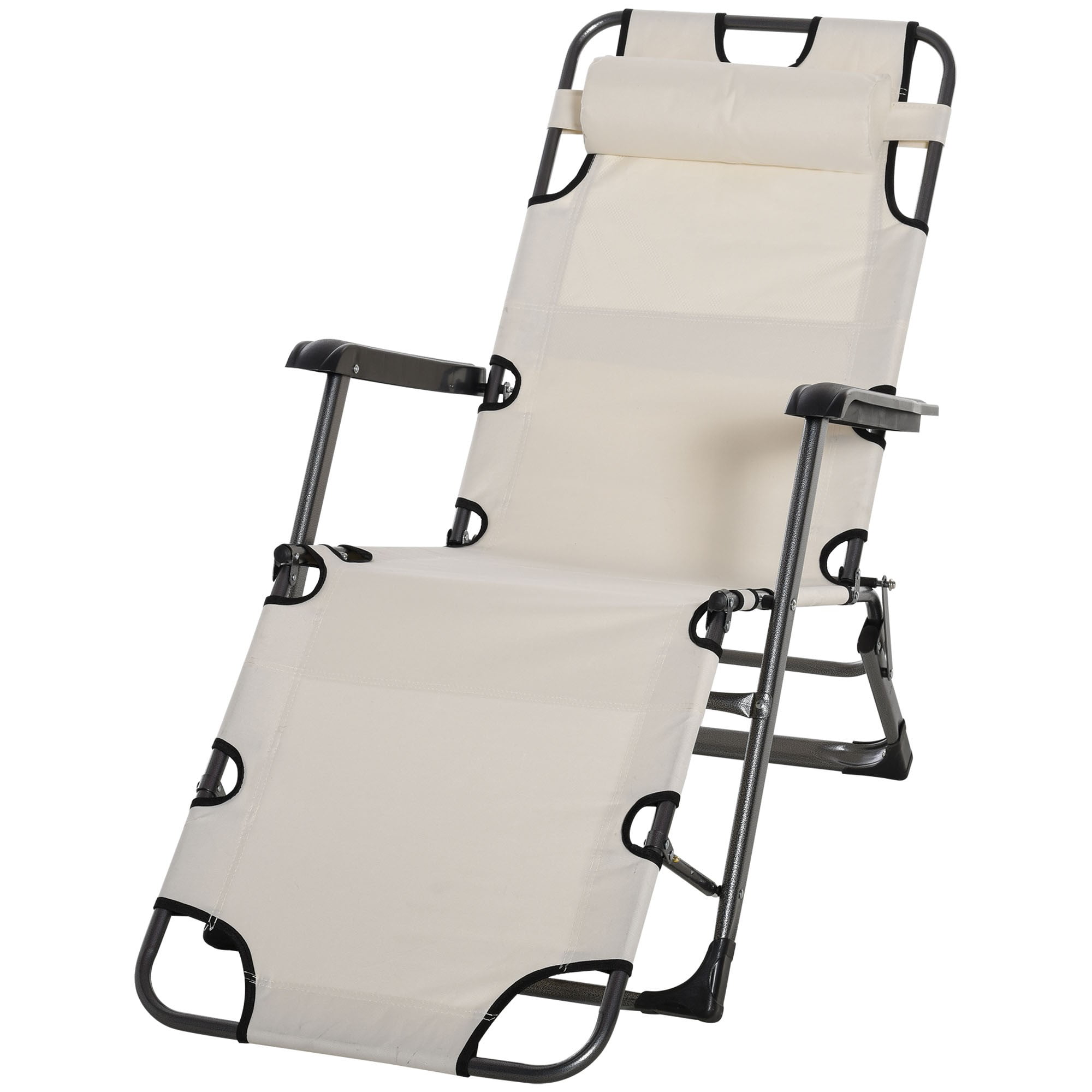 Folding Chaise Lounge Chair for Outside, 2-in-1 Tanning Chair with Pillow & Pocket, Adjustable Pool Chair for Beach, Patio, Lawn, Deck, Cream White