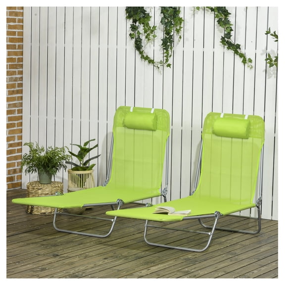 Folding Chaise Lounge Chairs 2-Pack, Pool Sun Tanning Chairs, Reclining Beach Chairs with Headrest, Breathable Mesh, Patio Furniture - Green